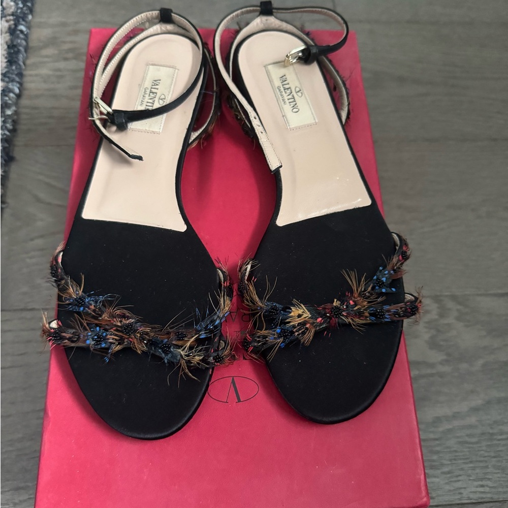 Valentino Black Sandals with Multicolor Feather Accents